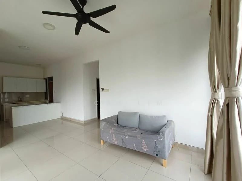 Living features: grey fabric sofa, 2 cushions, white painted walls, cream tiled flooring, ceiling fan, natural light from window, curtains, open layout to kitchen, kitchen cabinetry visible in background; style: modern.