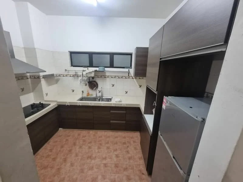 Kitchen features: brown wooden cabinetry, white countertop, stainless-steel sink, chrome pull-down faucet, built-in gas hob, exhaust hood, fridge, tile backsplash, ceramic tile flooring, window above sink, light fixture on ceiling; style: modern.