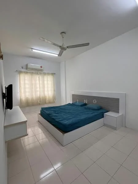 Bedroom features: king-size bed with blue bedding, white upholstered headboard, white bedside table, wall-mounted TV, white TV console, floor-to-ceiling window with sheer curtains, 1 wall-mounted split AC, ceiling fan, white painted walls, glossy tile flooring; style: modern.