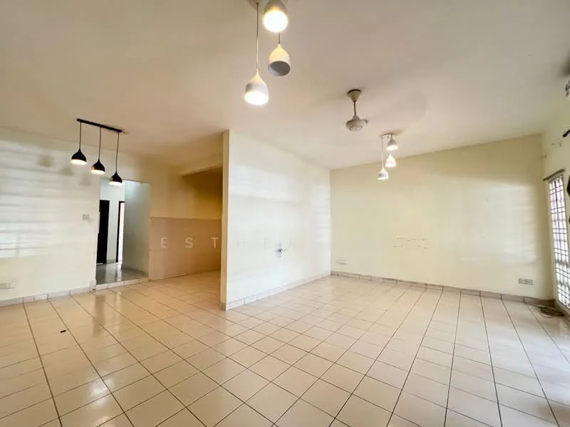 Living features: white painted walls, cream tiled flooring, recessed ceiling lights, 3 pendant lights, ceiling fan, large windows, sliding glass door, open layout; style: modern. Room features: white painted walls, cream tiled flooring, open layout.