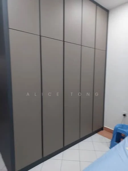 Room features: built-in wardrobe with sliding doors, grey cabinetry, white tiled flooring, corner of a room, minimalist design; style: modern.