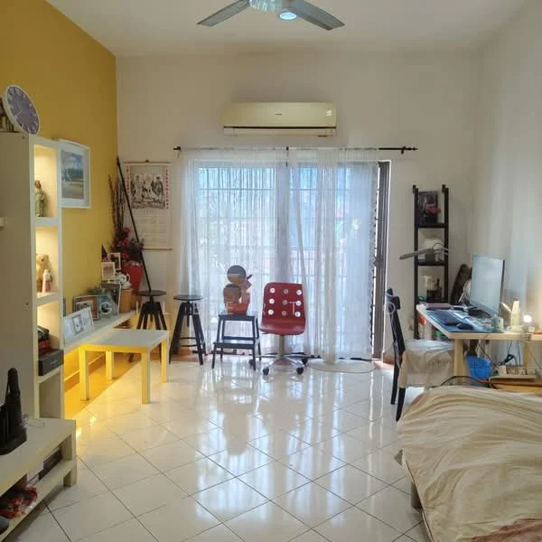 Living features: white painted walls, yellow accent wall, glossy white tile flooring, 5-blade ceiling fan with light, floor-to-ceiling sliding glass door, sheer curtains, TV console, wall-mounted TV, wooden coffee table, stool seating, decorative wall art, open shelving unit, armchair, sofa with throw blanket; style: modern; view: garden.