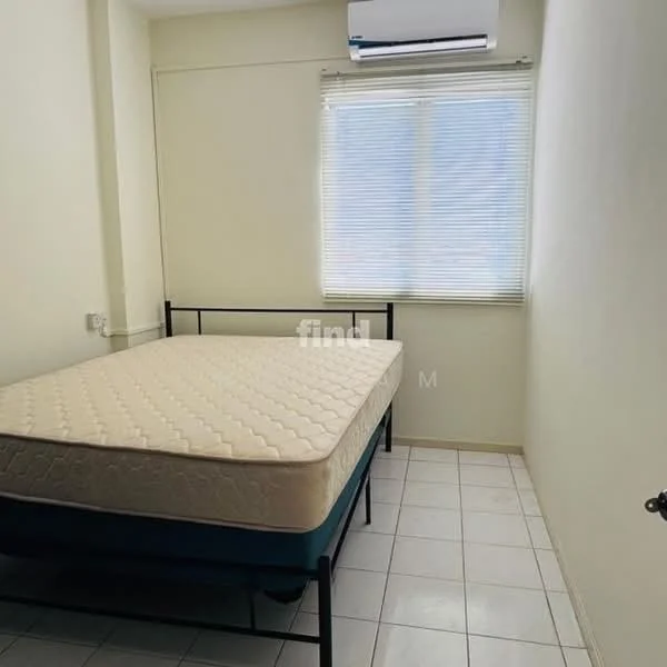 Bedroom features: single bed frame, mattress, white painted walls, tile flooring, floor-to-ceiling window, window blinds, wall-mounted split AC.