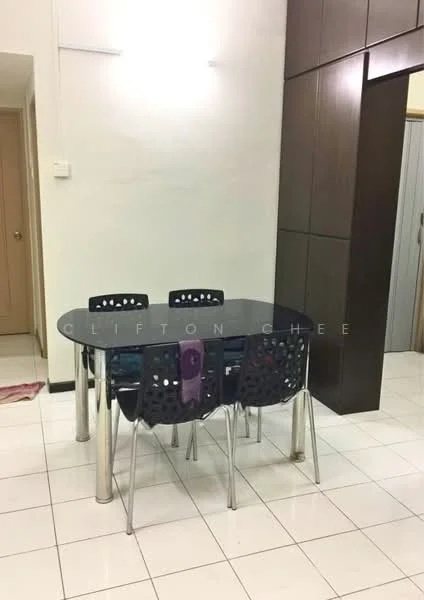 Dining features: round glass dining table, 4 black plastic dining chairs with holes, white tiled flooring, plain white walls, wall-mounted lighting, wooden cabinetry, doorway leading to another room; style: modern.
