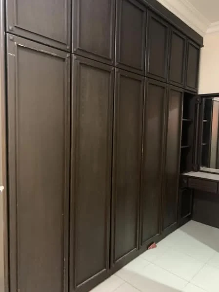 Room features: built-in wardrobe with dark wood finish, multiple panel doors, shelves integrated into wardrobe, mirror on adjacent wall, white tiled flooring; style: modern.