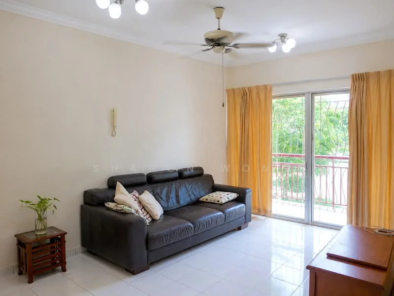 Living features: 3-seater leather sofa in black, decorative cushions, coffee table, TV console, floor-to-ceiling sliding glass door, curtains in light yellow, ceiling fan with light, white painted walls, glossy white tile flooring; style: modern; view: garden.