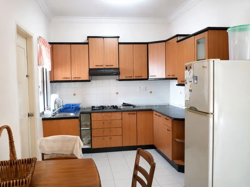Kitchen features: brown wooden cabinetry, black granite countertop, stainless-steel sink, chrome pull-down faucet, 4-burner gas hob, built-in oven, white tiled backsplash, white tiled flooring, refrigerator, window with sheer curtains, dining table with wooden chairs, basket on the table; style: modern.