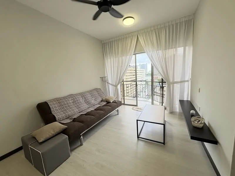 Living features: 3-seater fabric sofa in brown, coffee table, floor-to-ceiling windows, sheer curtains, light-colored laminate flooring, ceiling fan, balcony door, decorative wall shelf; style: modern; view: city.