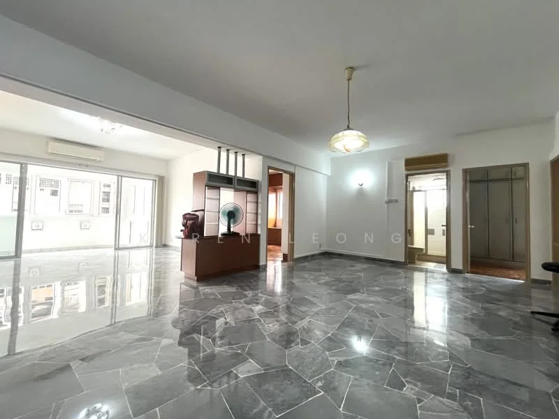 Living features: marble flooring, white painted walls, ceiling rose, chandelier, floor-to-ceiling windows, sliding glass door, built-in cabinetry, open layout, air conditioning unit, natural light, neutral color palette, decorative wall paneling; style: modern. Room features: white painted walls, built-in wardrobe, doorway to adjacent room.