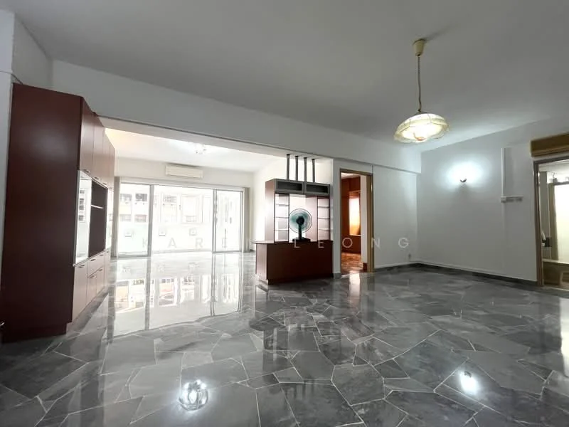 Living features: grey marble flooring, white painted walls, ceiling light fixture, built-in wooden cabinetry, large sliding glass doors, open layout, natural light from windows, fan, wall-mounted TV console; style: modern.