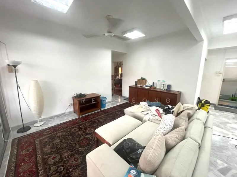 Living features: light-coloured fabric sofa, coffee table, area rug with intricate pattern, floor lamp, marble flooring, white painted walls, recessed ceiling lights, 5-blade ceiling fan, wooden sideboard, decorative items on sideboard, open layout to adjacent room; style: modern.
