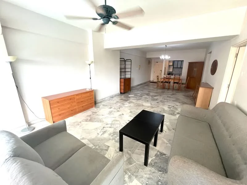 Living features: grey fabric sofa, 3-seater sofa, 2-seater sofa, black coffee table, marble flooring, ceiling fan, floor lamp, wooden sideboard, dining table with chairs, open layout, natural light from windows; style: modern.
