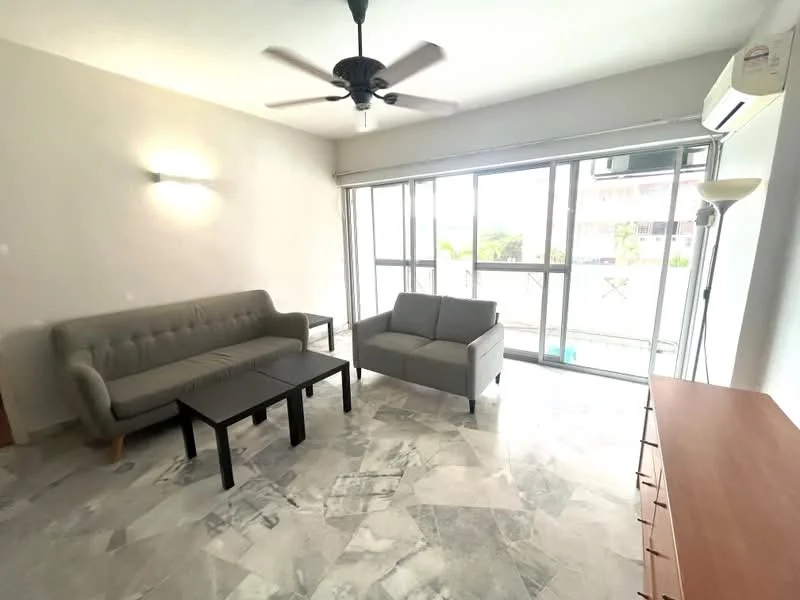 Living features: 3-seater fabric sofa in grey, 2-seater fabric sofa in light grey, black coffee table, marble tile flooring, ceiling fan with light, floor-to-ceiling windows, sliding glass door, air conditioning unit, lamp, light wall paint; style: modern.