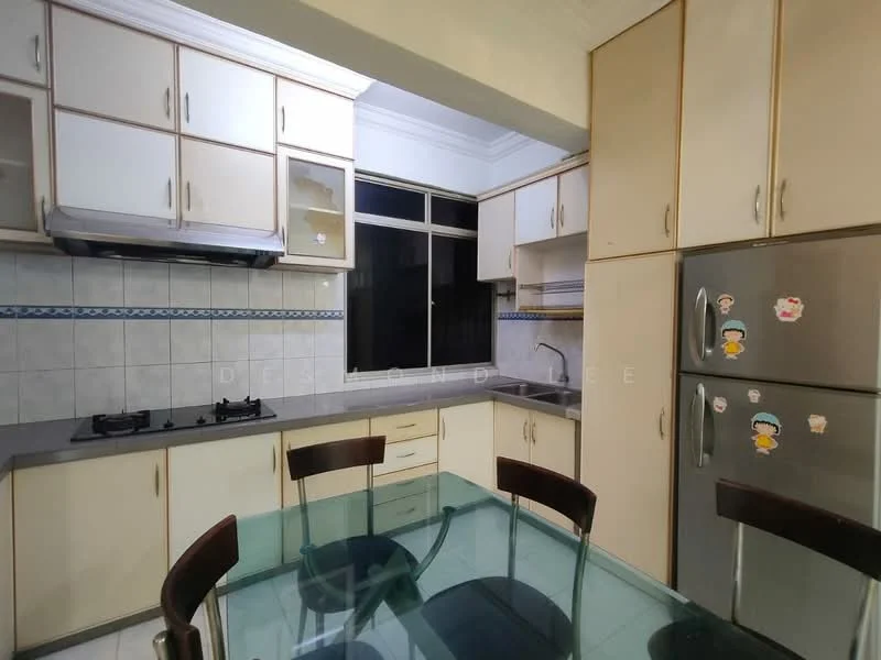 Kitchen features: white cabinetry with wood accents, grey countertop, stainless-steel fridge, built-in gas hob, exhaust hood, ceramic tile backsplash, double-bowl stainless-steel sink, glass dining table with black chairs, window with natural light; style: modern.