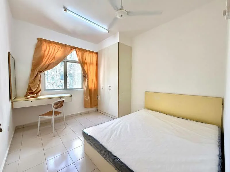 Bedroom features: single bed, upholstered headboard, built-in wardrobe, study desk with chair, floor-to-ceiling window, orange curtains, white painted walls, tile flooring, ceiling fan; style: minimalist.