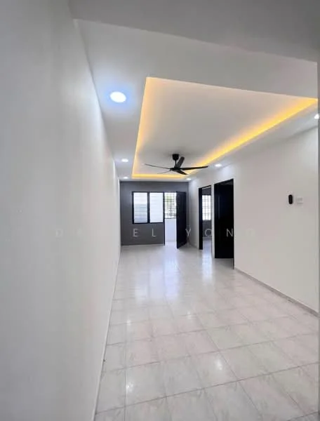 Room features: white painted walls, marble tile flooring, tray ceiling with recessed lighting, 5-blade ceiling fan, LED strip lighting, black doors, windows with grid pattern, light fixtures; style: modern.
