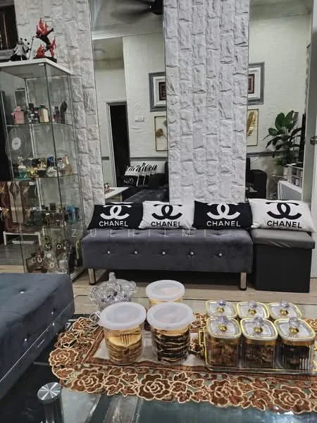 Living features: grey upholstered sofa, black and white decorative cushions with logo, glass coffee table, decorative tray with snacks, display cabinet with glass doors, stone accent wall, framed artwork on walls, indoor plant, wooden flooring; style: modern.