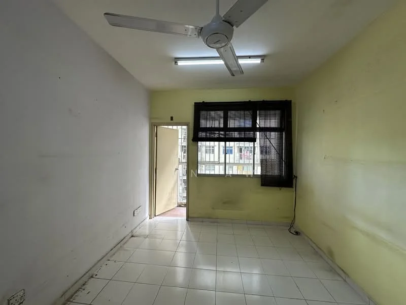 Room features: white painted walls, tile flooring, ceiling fan, window with black blinds, door leading outside, fluorescent ceiling lights.