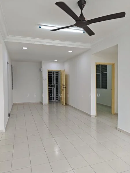 Room features: white painted walls, tile flooring, 5-blade ceiling fan, recessed downlights, double-door entrance, window with grille, neutral color scheme, open layout; style: modern.