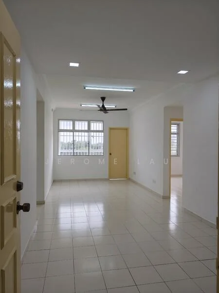 Room features: white painted walls, cream tiled flooring, 5-blade ceiling fan with light, recessed LED downlights, large windows with grid pattern, single door with yellow frame, doorway leading to another room, neutral color scheme; style: modern.