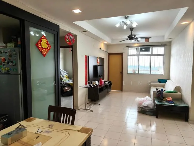 Living features: white painted walls, tile flooring, ceiling fan with light, wall-mounted TV, TV console, sofa, coffee table, large window with city view, decorative wall art, dining table, refrigerator, open layout; style: modern; view: city. Room features: grey sofa, decorative items, plastic bags.