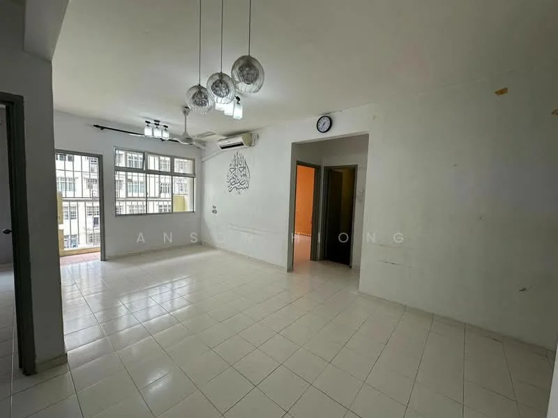 Living features: white painted walls, white tiled flooring, 5-blade ceiling fan with light, recessed downlights, floor-to-ceiling windows, wall clock, air conditioning unit, decorative wall art; style: modern; view: city. Room features: doorway leading to another room, doorway leading to hallway.