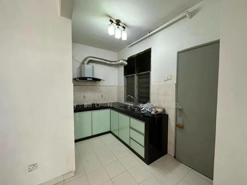 Kitchen features: black countertop, green cabinetry, stainless-steel sink, chrome pull-down faucet, built-in gas stove, exhaust hood, tile backsplash, white tiled flooring, recessed ceiling lights, window with black frame, door to hallway; style: modern.