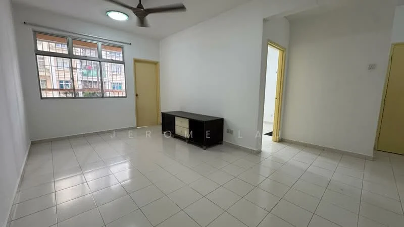 Living features: white painted walls, white tiled flooring, 5-blade ceiling fan, large window with grid pattern, neutral color scheme, TV console, doorway to adjacent room, doorway to hallway; style: modern.