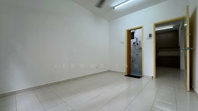 Room features: white painted walls, tile flooring, ceiling with fluorescent lights, doorway leading to another room, doorway leading to kitchen, single window, neutral color scheme.