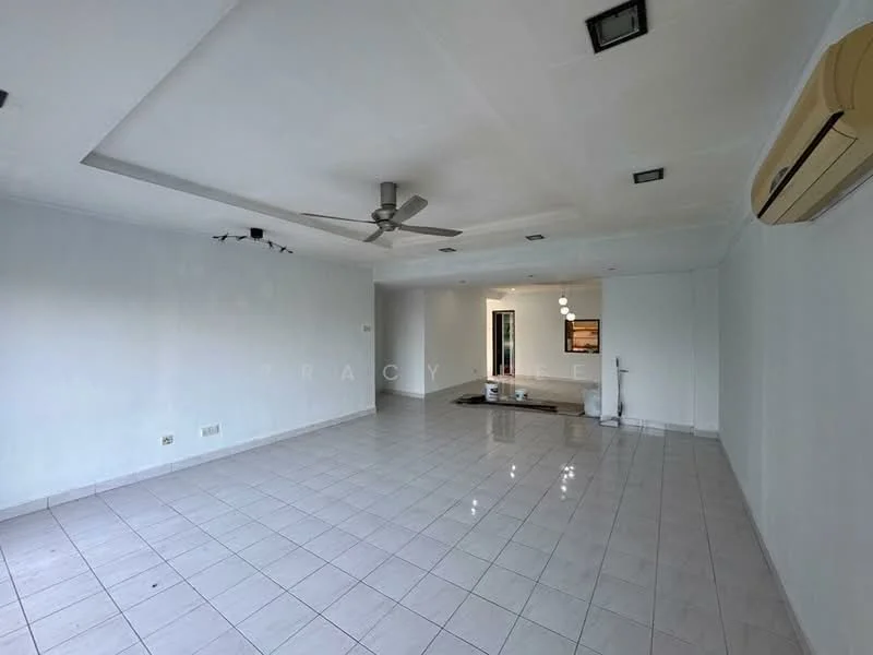 Living features: white painted walls, glossy ceramic tile flooring, 5-blade ceiling fan with light, recessed downlights, wall-mounted split AC, large windows, open layout, neutral color scheme; style: modern.