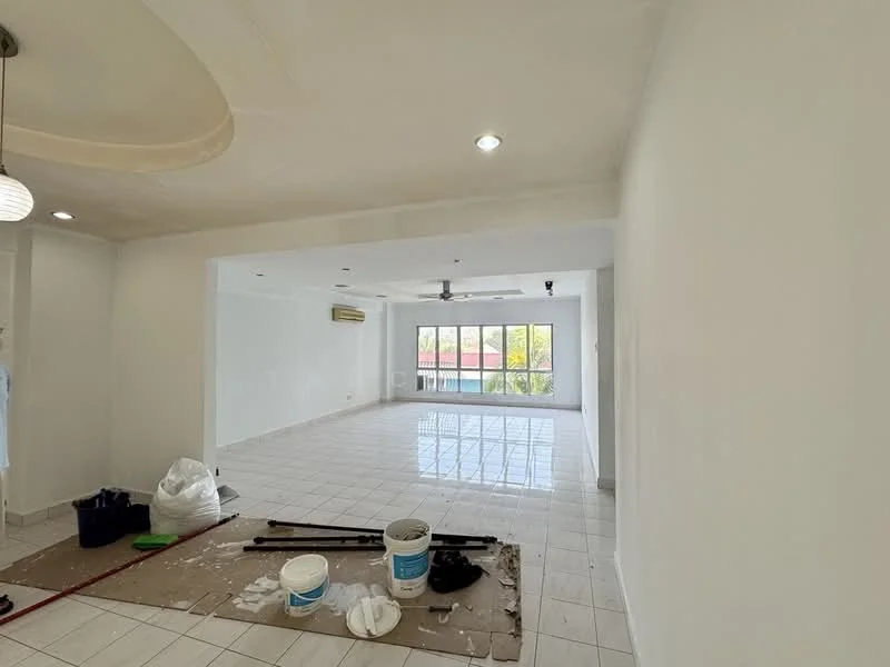 Living features: white painted walls, glossy white tile flooring, recessed downlights, 5-blade ceiling fan, large windows with view, air conditioning unit, open layout, unfinished decor with paint buckets and tools; style: modern; view: garden.
