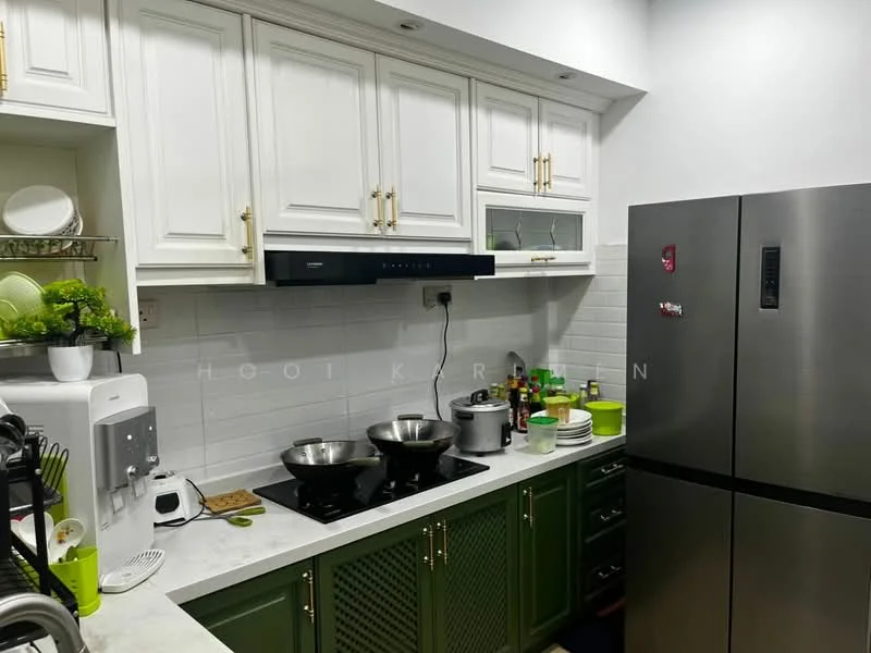 Kitchen features: white shaker cabinets, green lower cabinets, marble countertop, stainless-steel range hood, 4-burner gas hob, stainless-steel fridge, double-bowl stainless-steel sink, white subway tile backsplash, wall-mounted kitchen faucet, cooking pots on stove, kitchen utensils, green kitchenware, decorative plants, countertop appliances; style: modern.