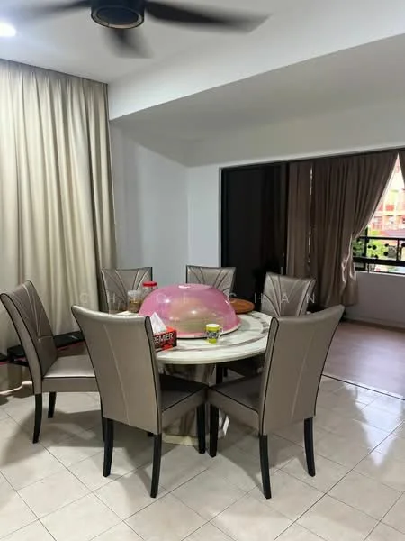 Dining features: round dining table, marble-top dining table, 6 upholstered dining chairs in beige, decorative dome cover on table, floor-to-ceiling windows, curtains in light brown, tile flooring, wall with light grey paint; style: modern.