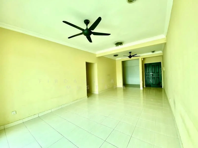 Living features: cream painted walls, white ceiling, 2 ceiling fans, tile flooring, recessed downlights, double-door entrance, large open space, no visible furniture.