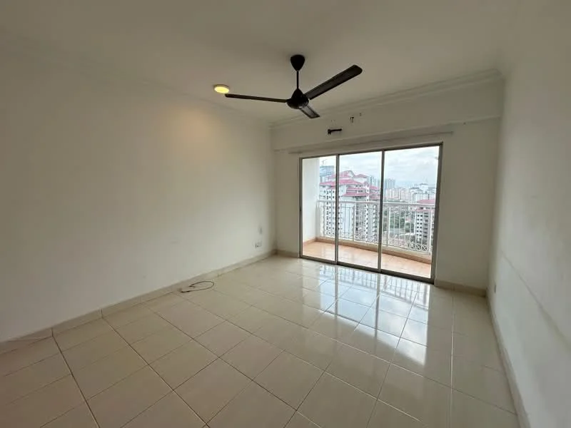Living features: white painted walls, glossy tile flooring, 5-blade ceiling fan, floor-to-ceiling sliding glass door, balcony access, natural light from large window, neutral color scheme, no visible furniture; style: modern; view: city.