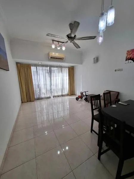 Living features: white painted walls, glossy ceramic tile flooring, 5-blade ceiling fan with light, recessed downlights, floor-to-ceiling windows, sheer curtains, dining table with 4 chairs, air conditioning unit, decorative wall art, children's tricycle; style: modern.