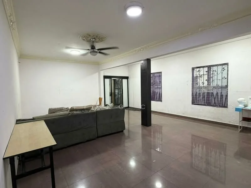 Living features: grey fabric sofa, coffee table, ceiling fan, recessed downlights, marble tile flooring, white painted walls, decorative ceiling rose, two framed artworks, black column, glass door leading to another room; style: modern.