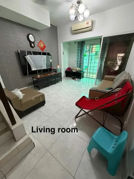 Living features: white tiled flooring, grey accent wall, wall-mounted TV, black TV console, sofa in beige, red folding chair, blue plastic stool, ceiling light fixture with multiple bulbs, air conditioning unit, curtains, sliding glass door leading to outdoor area; style: modern; view: garden.
