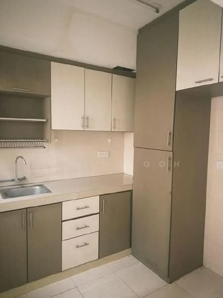 Kitchen features: single-bowl stainless-steel sink, chrome pull-down faucet, laminate countertop, white upper cabinets, grey lower cabinets, built-in refrigerator, open shelving, tile backsplash, ceramic tile flooring, wall-mounted dish rack; style: modern.