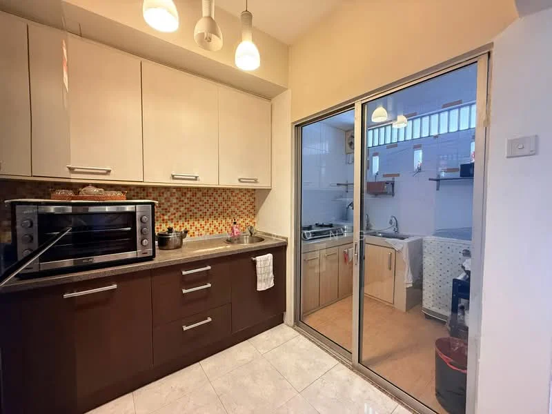 Kitchen features: brown lower cabinets, white upper cabinets, grey countertop, stainless-steel sink, chrome pull-down faucet, built-in microwave, freestanding range oven, tile backsplash with mosaic pattern, recessed downlights, sliding glass door, vinyl flooring, laundry area visible through glass door; style: modern.