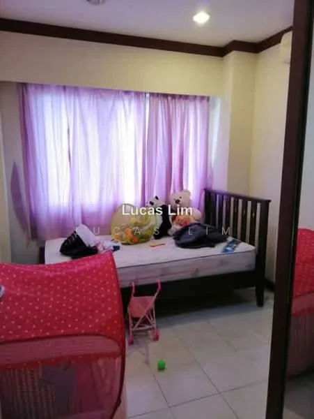 Bedroom features: pink sheer curtains, single bed frame, mattress on bed frame, stuffed animals on bed, tile flooring, air conditioning unit, wall-mounted light fixture, decorative wall trim.