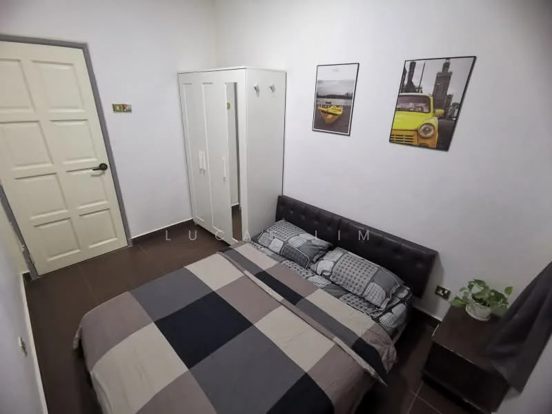 Bedroom features: king-size bed with grey upholstered headboard, plaid bedding in grey and navy, two bedside tables, framed artwork on walls, white painted walls, brown tiled flooring, built-in wardrobe with white doors, single door with black handle, houseplant in ceramic pot; style: modern.