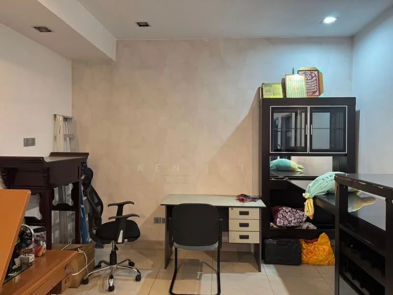 Room features: light-colored textured wall, cream tiled flooring, black office desk with drawers, black office chair, wooden shelving unit, storage boxes, decorative items on shelves, window with no visible treatment, overhead recessed lighting; style: modern.
