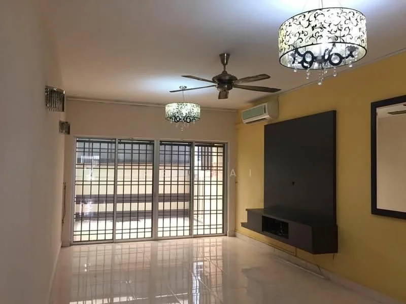 Living features: cream painted walls, yellow accent wall, polished marble flooring, 5-blade ceiling fan with light, 2 decorative chandeliers, floor-to-ceiling windows, sliding glass door, wall-mounted TV console, mirror on wall, air conditioning unit; style: modern.