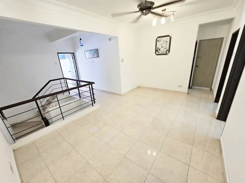 Room features: white painted walls, cream tiled flooring, 5-blade ceiling fan, recessed downlights, metal railing, open staircase, doorway leading to another room, doorway leading outside, framed artwork on wall; style: modern.