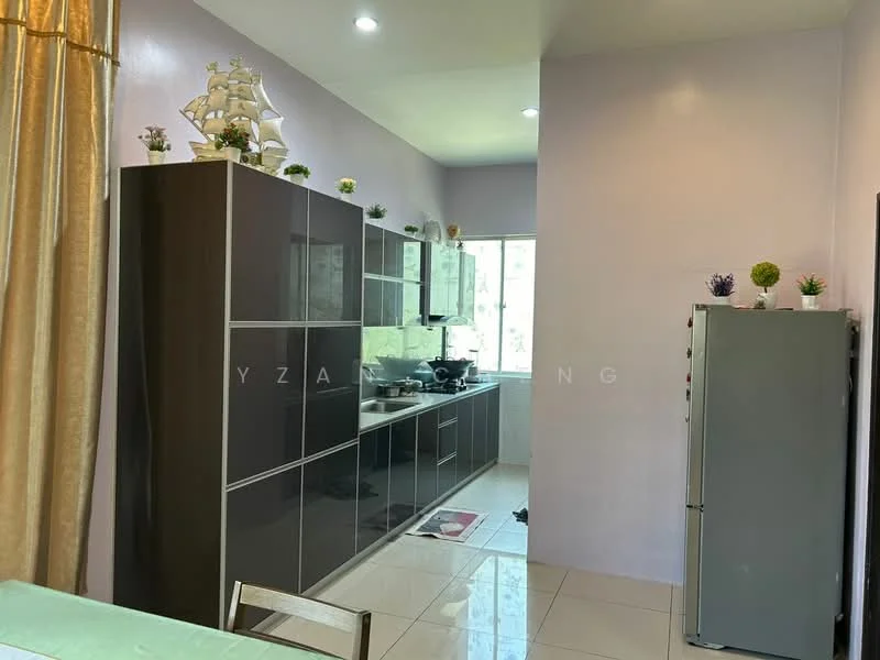Kitchen features: dark wood cabinetry with glass panels, white countertop, stainless-steel fridge, ceramic tile flooring, window with natural light, decorative plants on shelves, kitchen sink, built-in stove, wall-mounted cabinets, grey backsplash; style: modern.