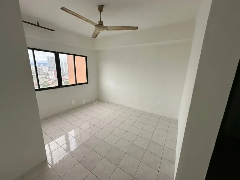 Room features: white painted walls, ceramic tile flooring, 5-blade ceiling fan, floor-to-ceiling windows, city view; view: city.