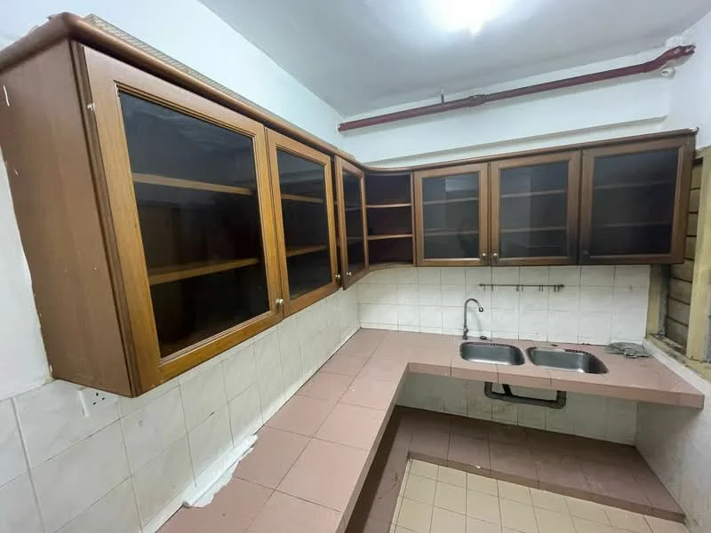 Kitchen features: brown wooden cabinetry with glass doors, double-bowl stainless-steel sink, chrome faucet, white tiled backsplash, light-colored tiled flooring, open shelving, countertop with integrated sink, wall-mounted plumbing fixtures.