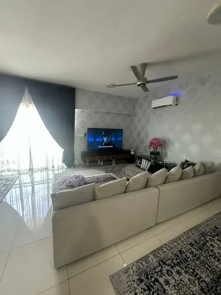 Living features: 3-seater fabric sofa in light grey, coffee table, wall-mounted TV, ceiling fan, recessed downlights, floor-to-ceiling windows, sheer curtains, decorative wall with floral pattern, polished tile flooring, area rug with geometric pattern, potted plant; style: modern; view: garden.