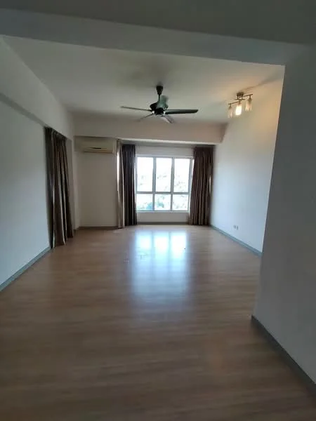 Living features: laminate flooring, white painted walls, 5-blade ceiling fan with light, floor-to-ceiling windows, curtains, air conditioning unit, recessed downlights; style: modern; view: city.